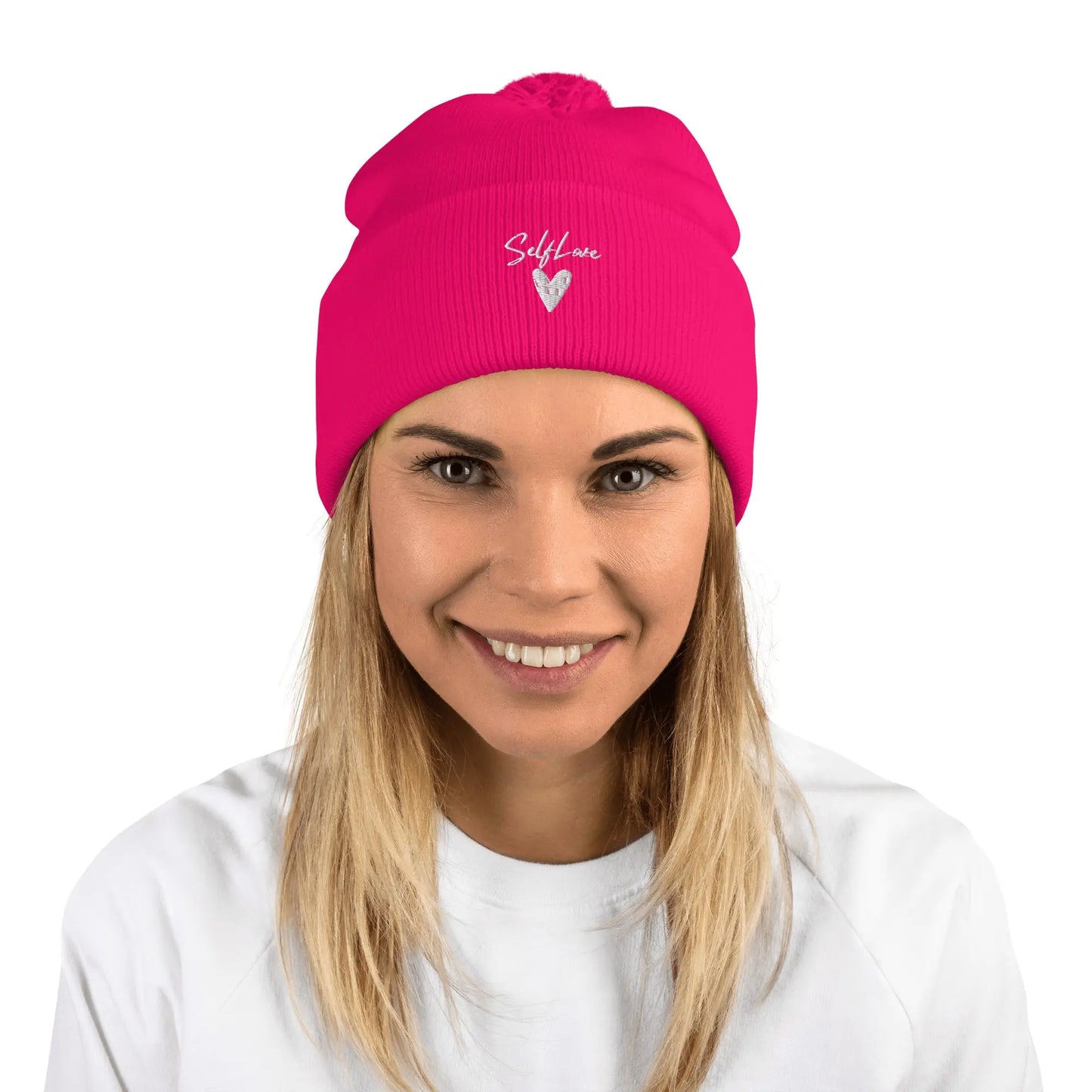 Self Love Pom-Pom Beanie – Cozy Winter Beanie with Embroidered Detail