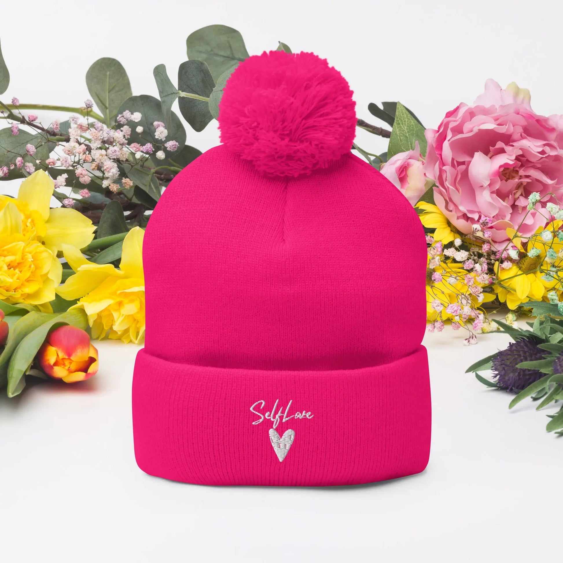 Self Love Pom-Pom Beanie – Cozy Winter Beanie with Embroidered Detail