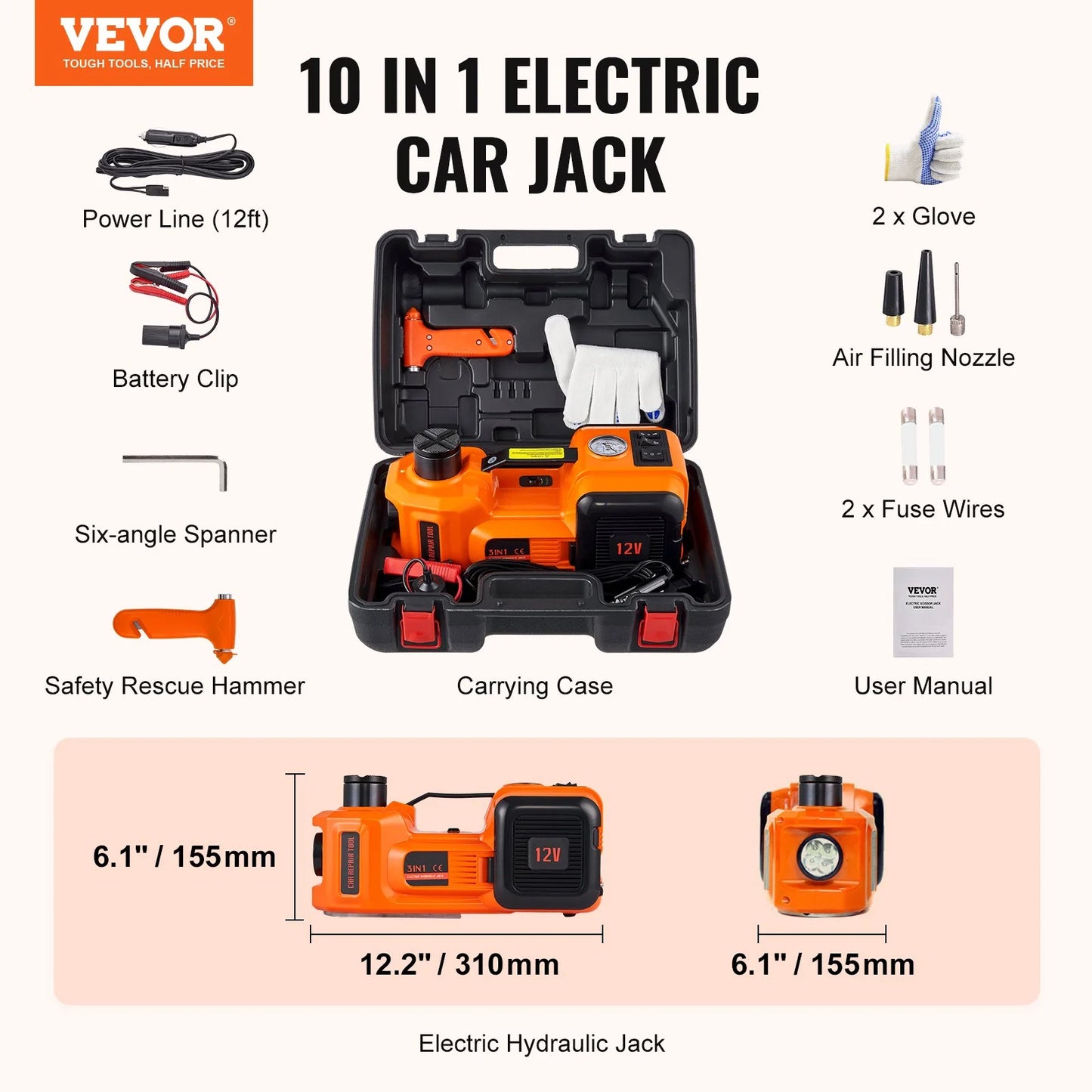 VEVOR 5 Ton Electric Car Jack with Inflatable Pump & LED Light – Hydraulic Car Jack for SUVs, Trucks, MPVs, and Sedans