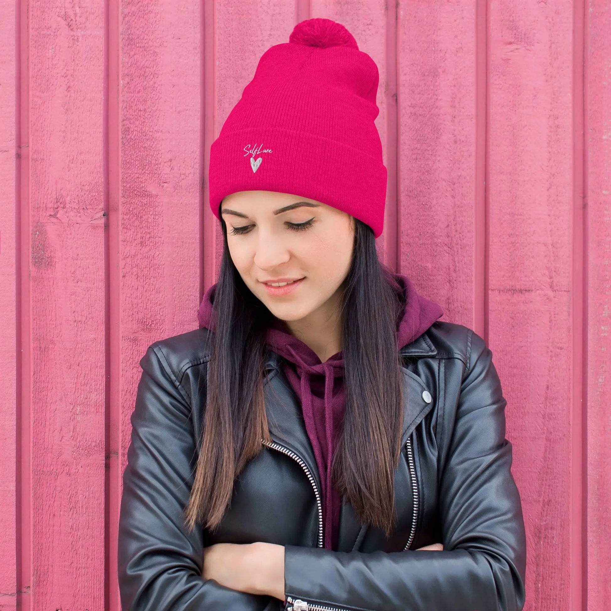 Self Love Pom-Pom Beanie – Cozy Winter Beanie with Embroidered Detail