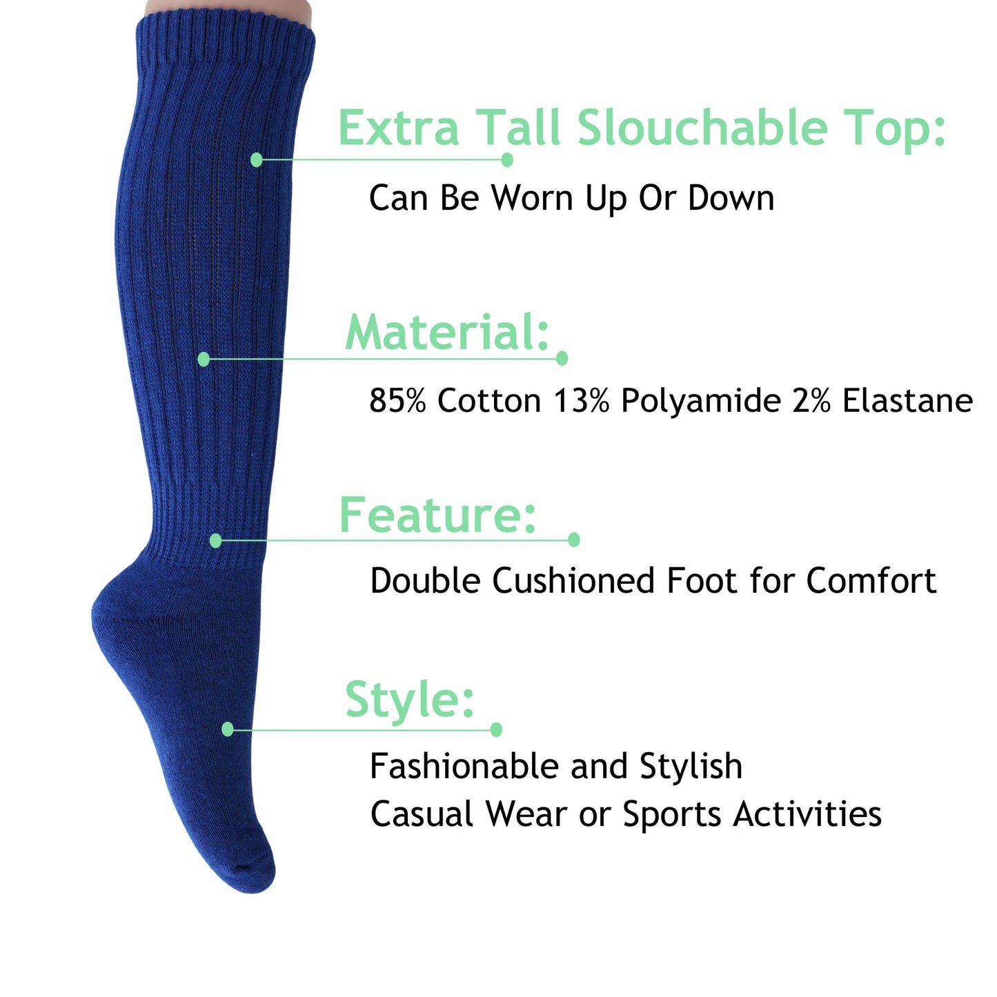 Cozy Cotton Royal Blue Slouch Socks for Women – Knee-High, Fits Shoe Size 5-10