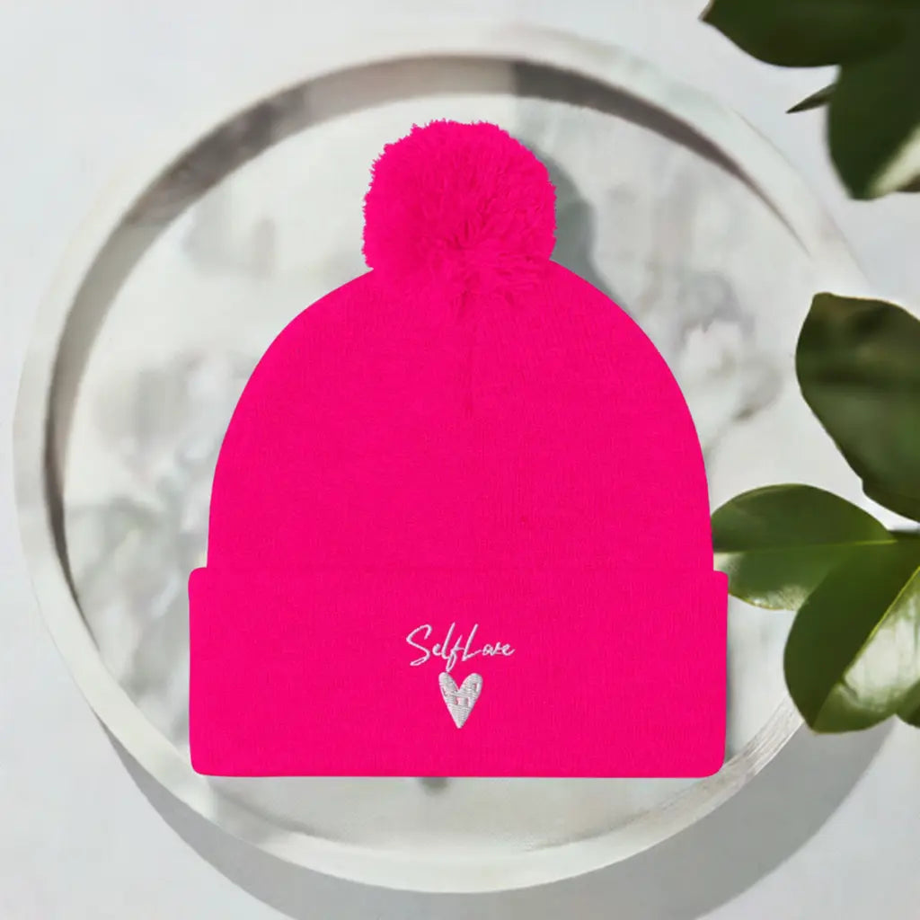 Self Love Pom-Pom Beanie – Cozy Winter Beanie with Embroidered Detail