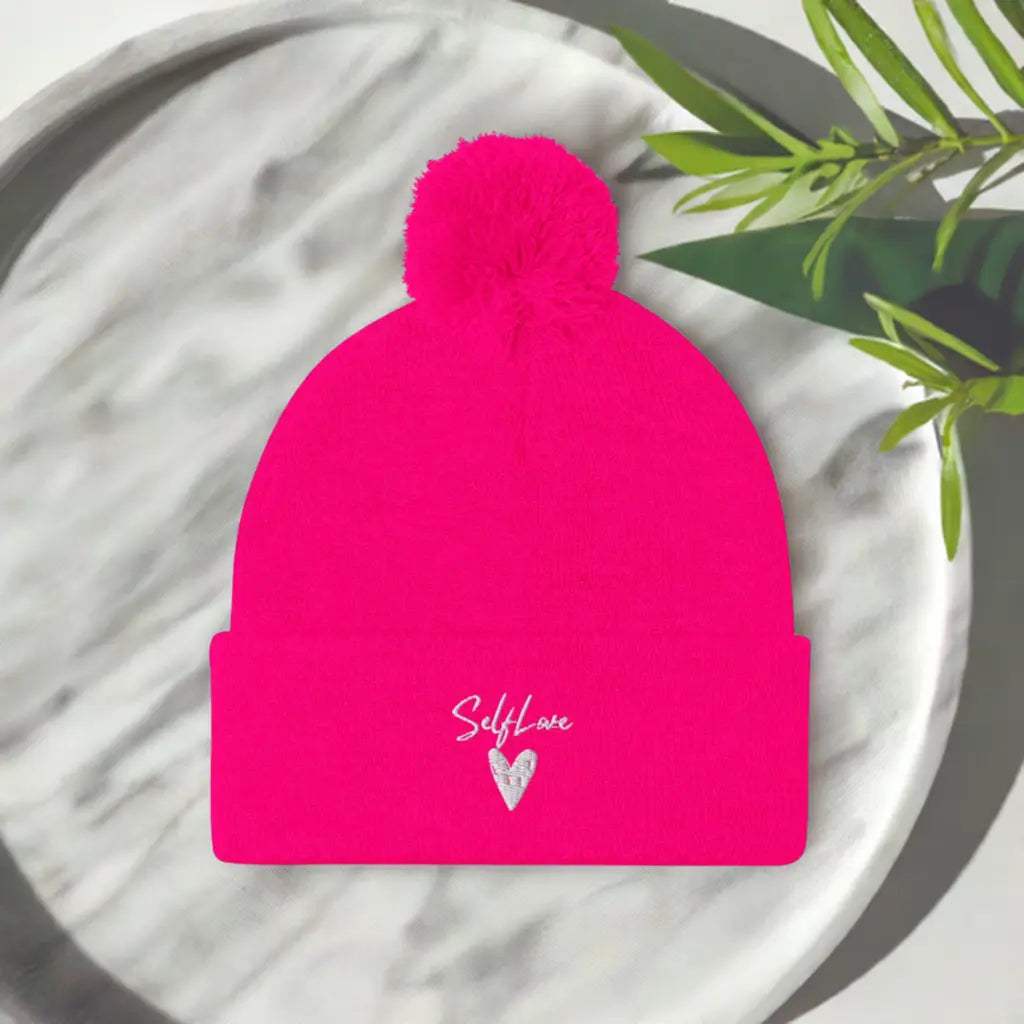 Self Love Pom-Pom Beanie – Cozy Winter Beanie with Embroidered Detail